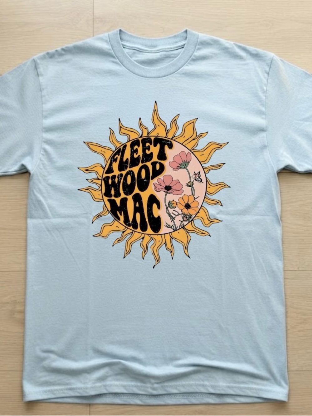 Light Blue Fleetwood Mac Sun Floral Butterfly Graphic Shirt